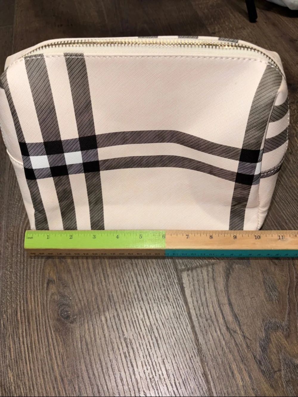 Cream Plaid Cosmetic Pouch with Black Check Detail
